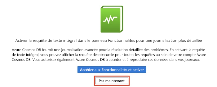 Screenshot of the Azure portal interface for the Azure Cosmos DB account showing Diagnostic settings page with prompt to enable full-text query.