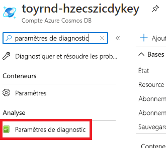 Screenshot of the Azure portal interface for the Azure Cosmos DB account, showing the search field with 'Diagnostic settings' entered and the 'Diagnostic settings' menu item highlighted.