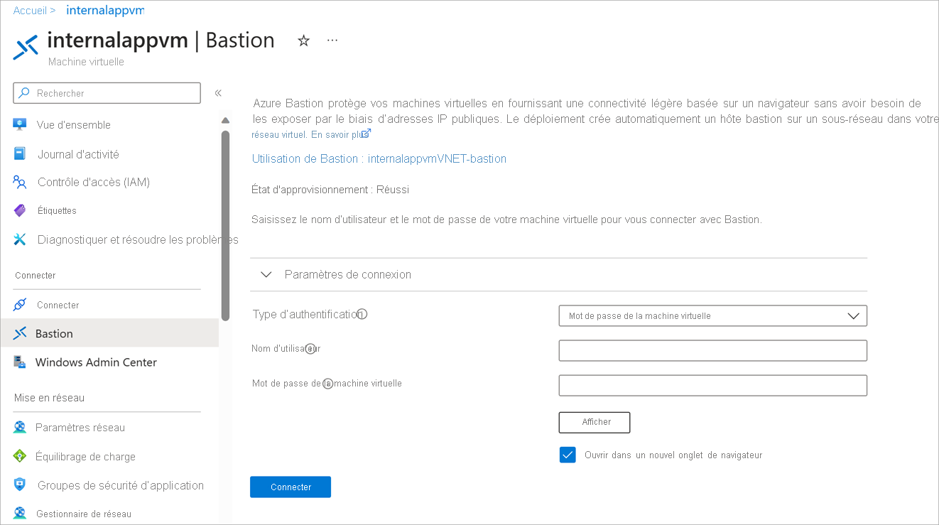 Screenshot of the Connect using Azure Bastion page with prompt for username and authentication type.