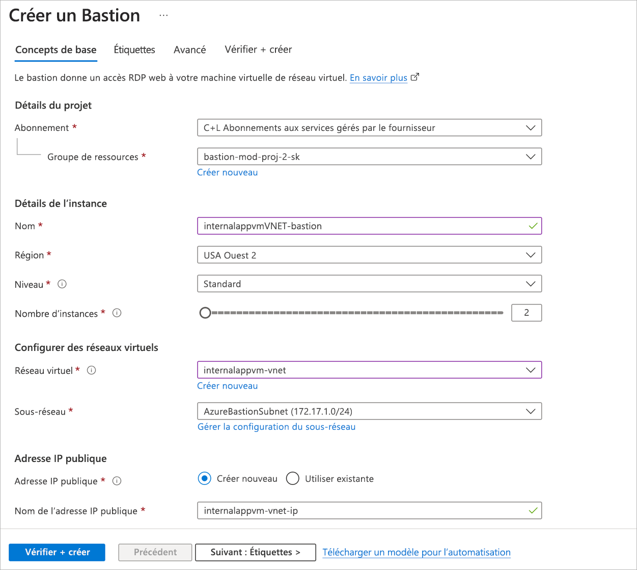 Screenshot of the Create a Bastion page with fields filled out by default, like Azure Bastion resource name, subnet, and create public IP address.