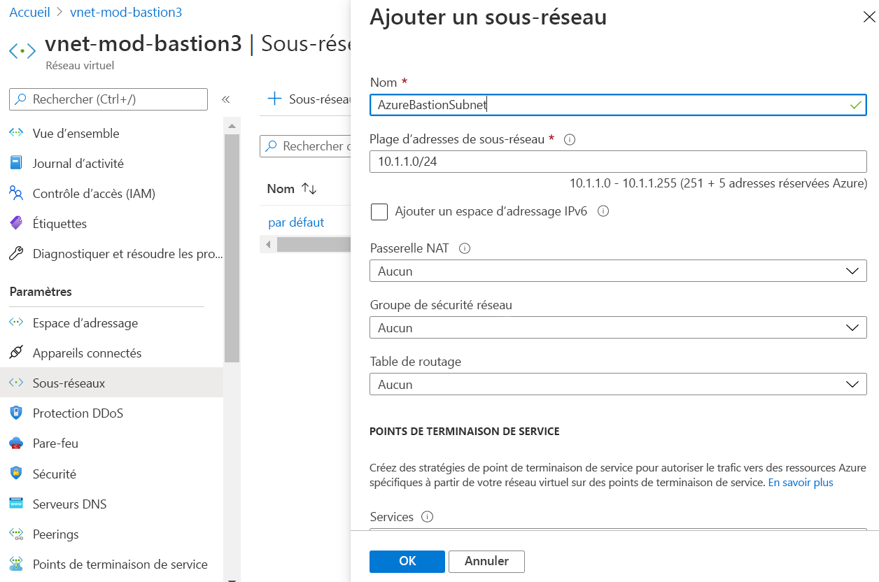 Screenshot of the page for adding a subnet, where the subnet name is AzureBastionSubnet.