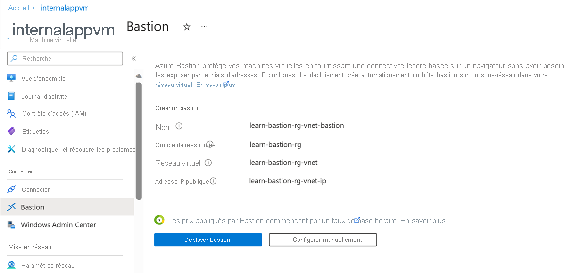 Screenshot of the Connect page and Bastion tab, with the Create Azure Bastion using defaults button.