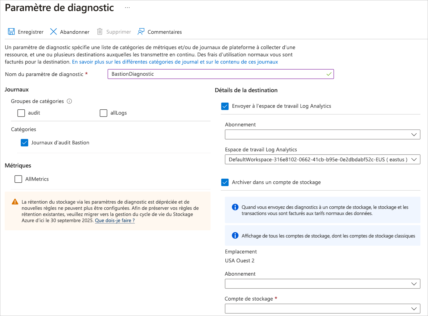 Screenshot that shows the Diagnostics setting page filled out.