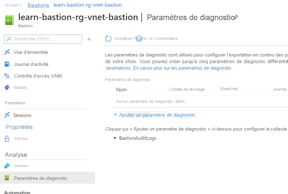 Screenshot that shows the Add diagnostic settings link within the Diagnostics settings page.