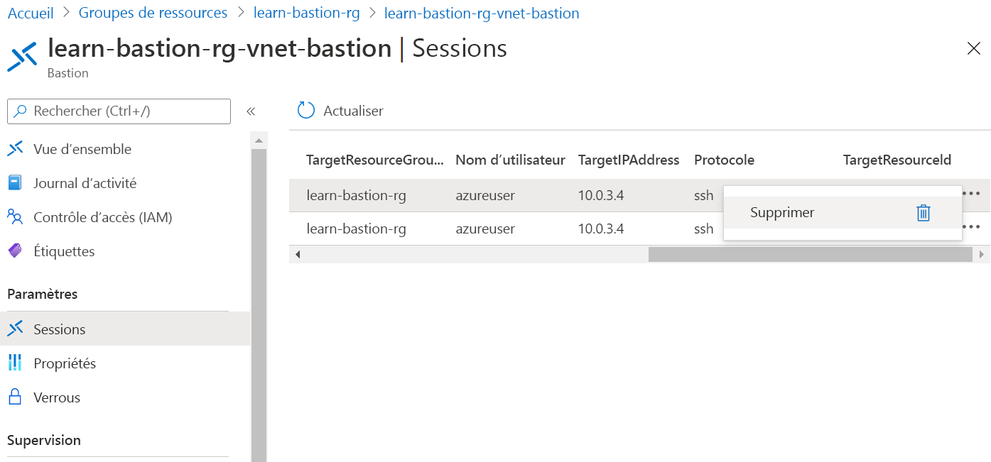 Screenshot of the Azure Bastion sessions page with the delete option selected for one of the two sessions.