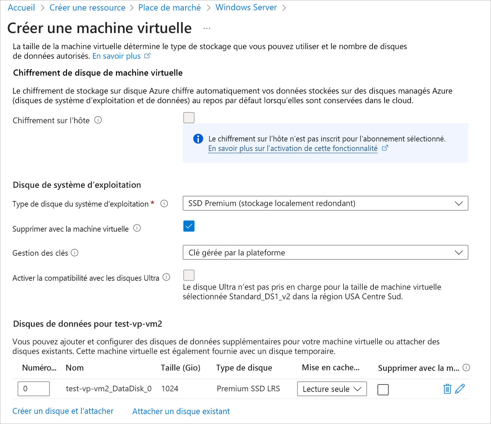 Capture d’écran montrant la section de configuration des disques pour la machine virtuelle.