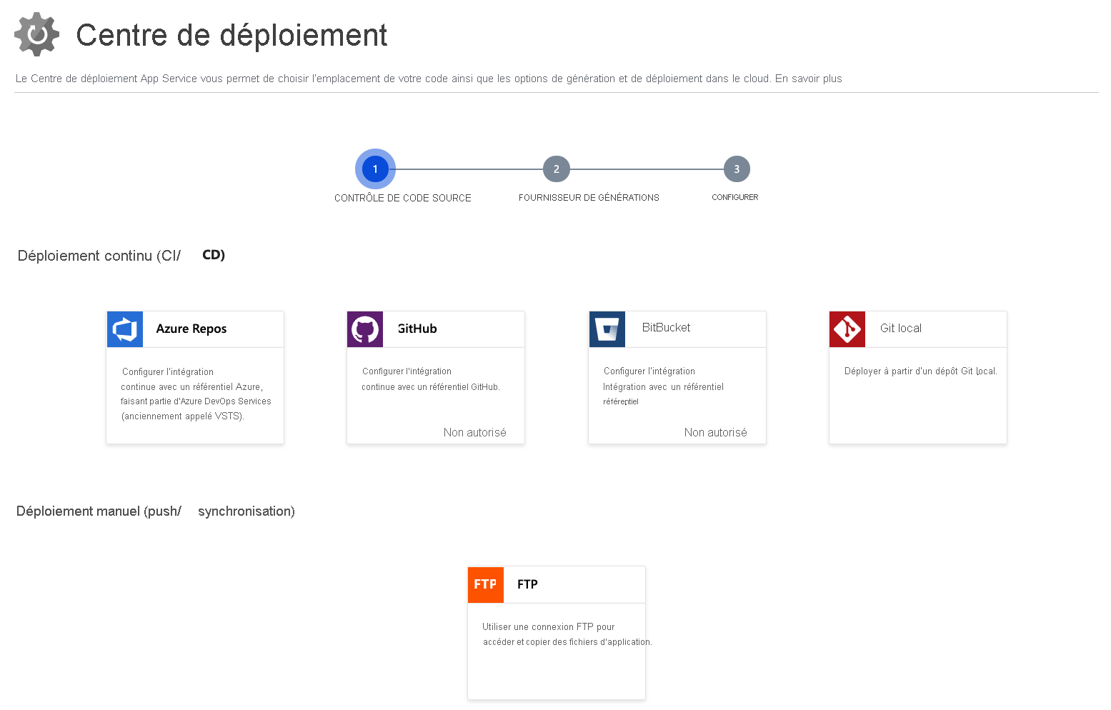 Capture d’écran montrant la configuration des options de déploiement et le choix de la source pour le code source du déploiement.