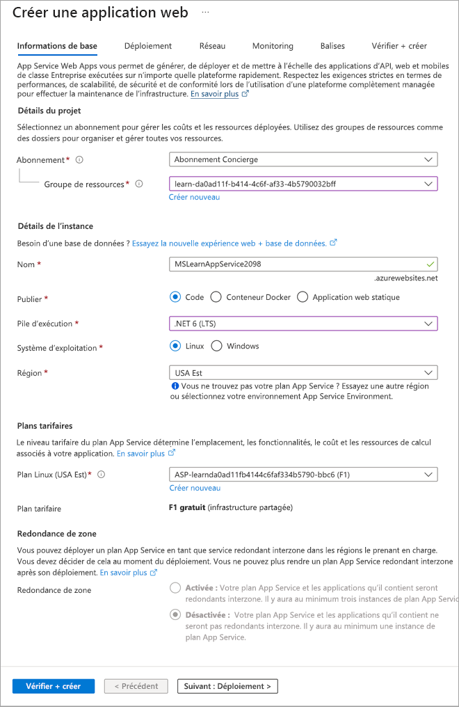 Capture d’écran montrant les détails de création de l’application web.