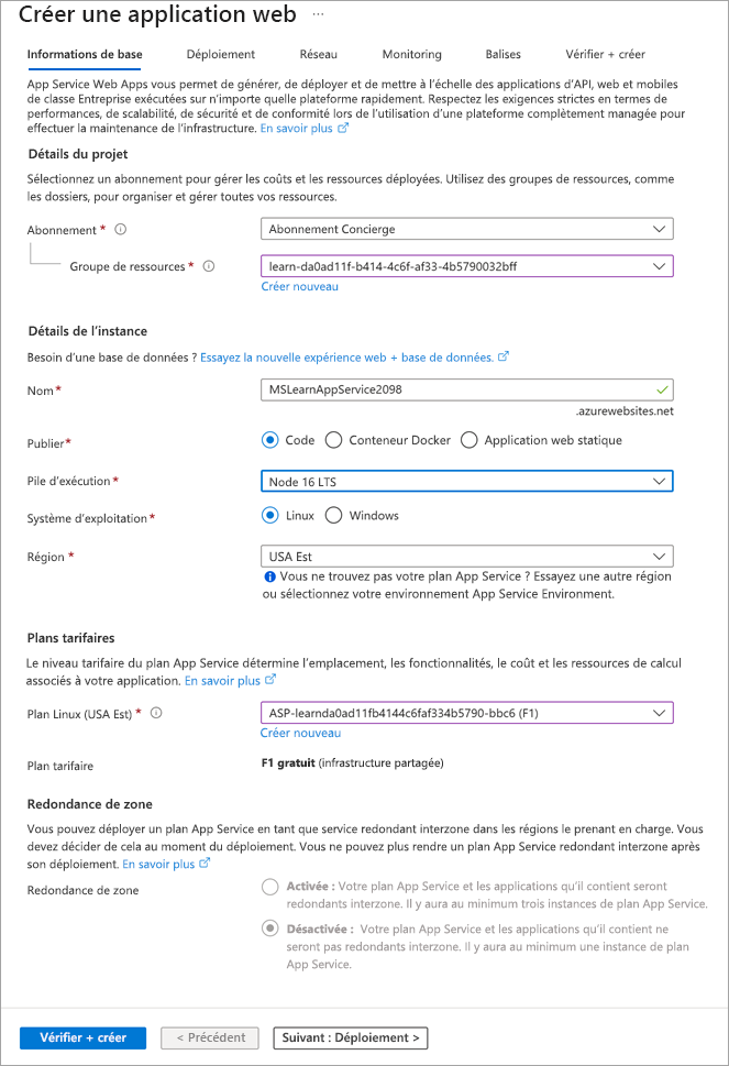 Capture d’écran montrant les détails de création de l’application web.