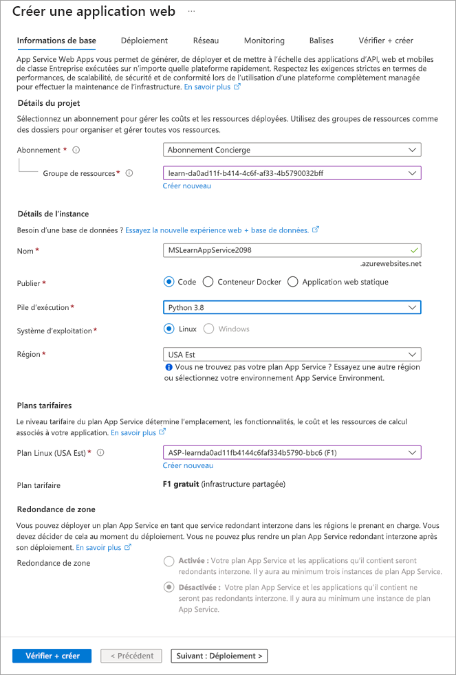 Capture d’écran montrant les détails de création de l’application web.