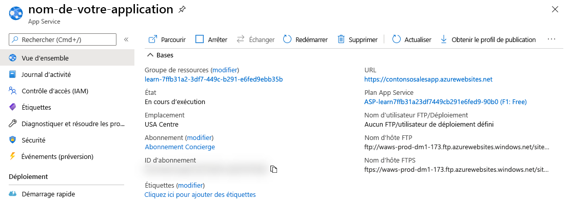 Capture d’écran montrant le volet App Service avec le lien d’URL de la section Vue d’ensemble en surbrillance.