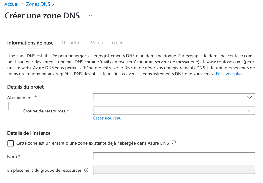 Capture d’écran de la page Créer une zone DNS.