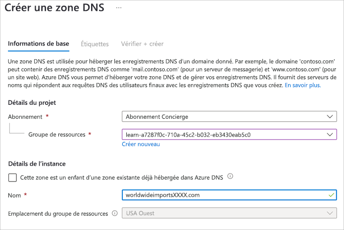 Capture d’écran de la page Créer une zone DNS.