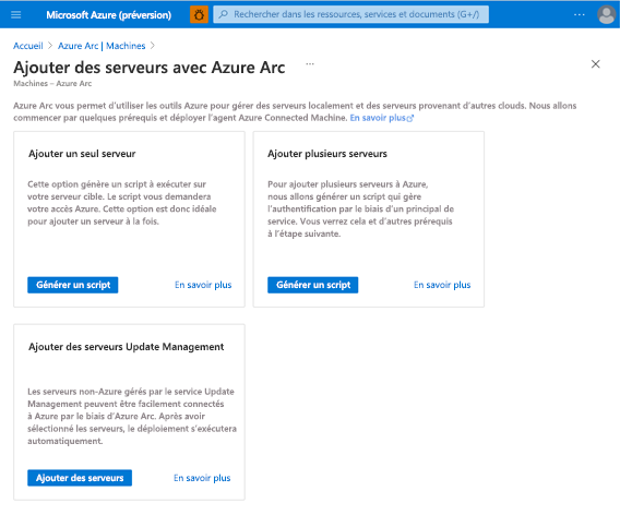 Capture d’écran illustrant les différentes options d’intégration aux serveurs avec Azure Arc pour un serveur unique, plusieurs serveurs et Update Management