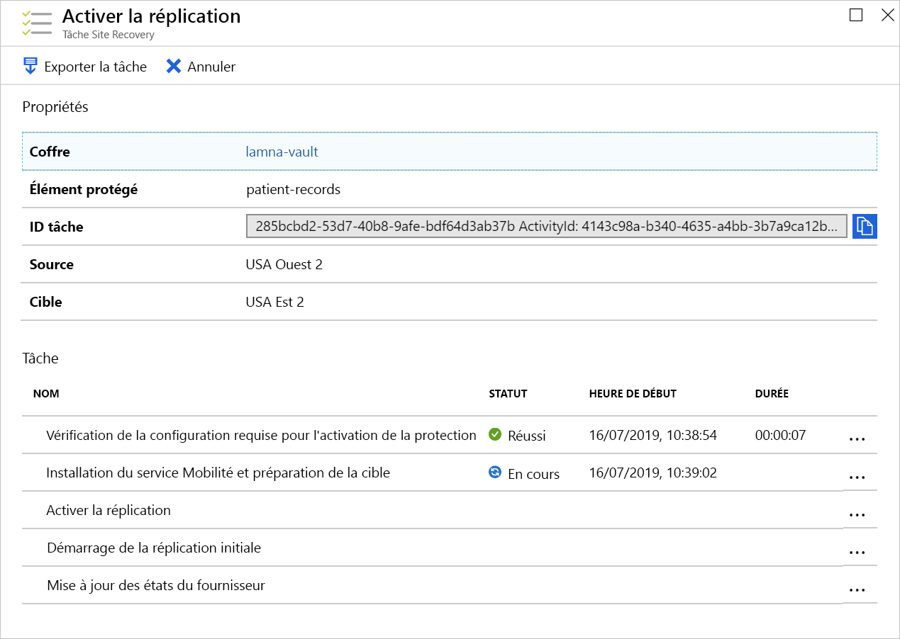 Screenshot of the Enable replication job's progress.