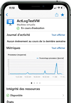 Capture d’écran d’Azure mobile app exécutée sur un téléphone, montrant le journal d'activité d’une machine virtuelle.