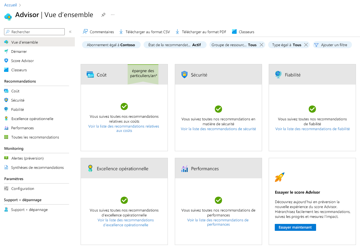 Capture d’écran de la page de vue d’ensemble d’Azure Advisor dans le portail Azure.