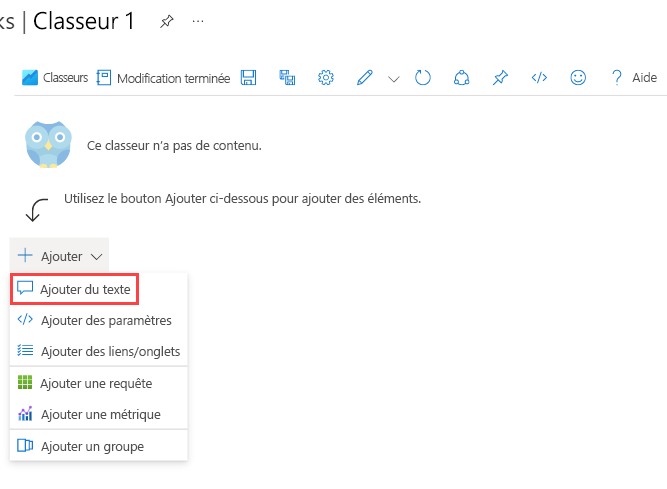 Screenshot that shows the Add text button in an Azure workbook.