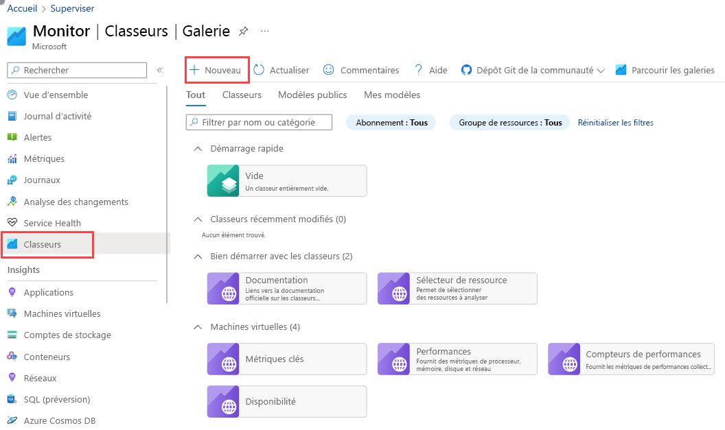 Screenshot that shows the New workbook icon Azure Workbooks page.