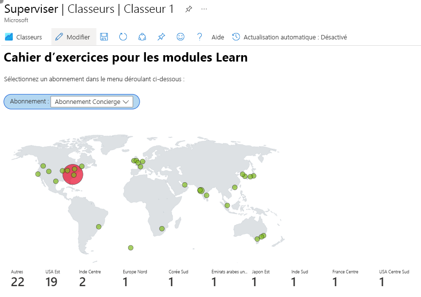 Screenshot that shows an Azure workbook with a map displaying a subscription's resources.