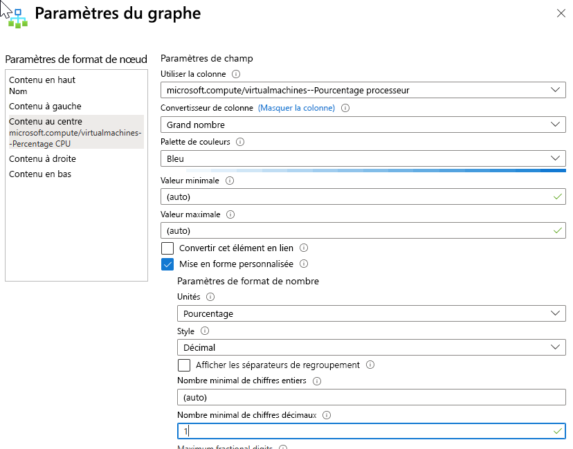 Screenshot that shows the settings for the center content of a graph in a workbook.