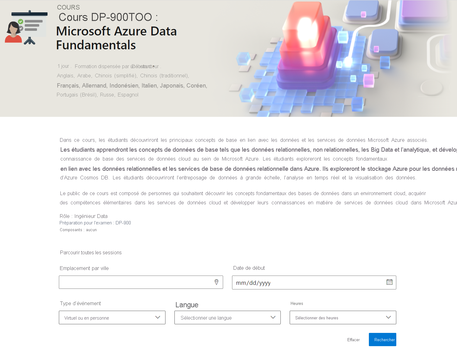 Screenshot of the Microsoft Azure Data Fundamentals (Course DP-900T00) detail page, with the ILT Scheduler showing.