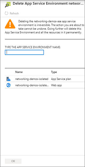 Capture d’écran présentant la suppression d’un environnement de service d’application.