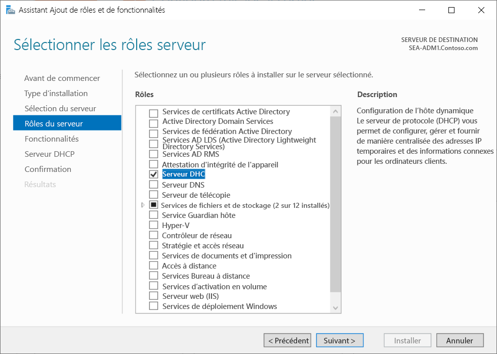 A screenshot of the Add Roles and Features Wizard in Server Manager. On the Select server roles page, the administrator has selected DHCP Server.