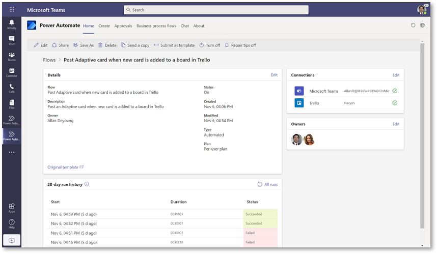 Capture d’écran de l’utilisation de Power Automate dans Microsoft Teams.