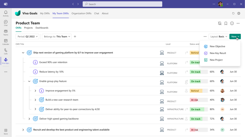 Capture d’écran de l’intégration entre les objectifs Viva et Microsoft Teams.