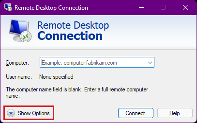 Capture d’écran de la boîte de dialogue Connexion Bureau à distance, avec le bouton Afficher les options en surbrillance.