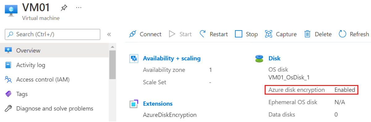 Capture d’écran du panneau Vue d’ensemble d’un V M dans le portail Azure montrant qu’A D E est activé sur le disque.