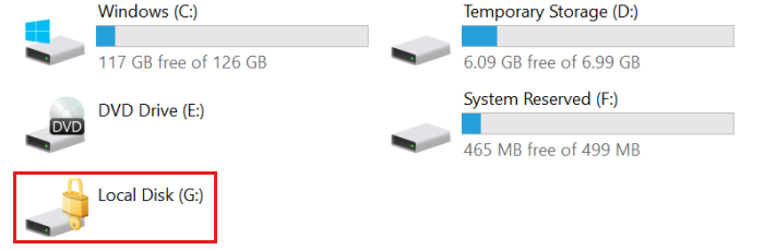 Capture d’écran de My P C montrant le volume G avec une icône de verrouillage.