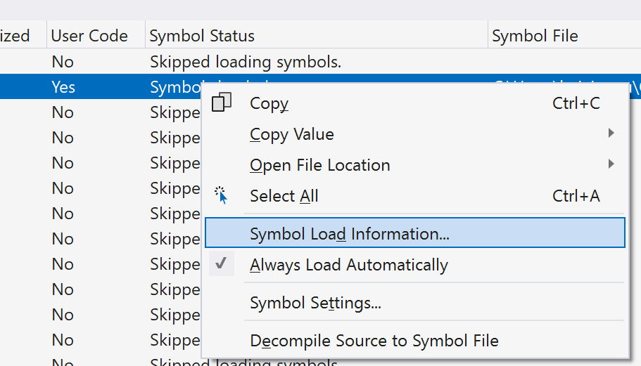 Capture d’écran des informations de chargement de symboles dans la fenêtre Modules.