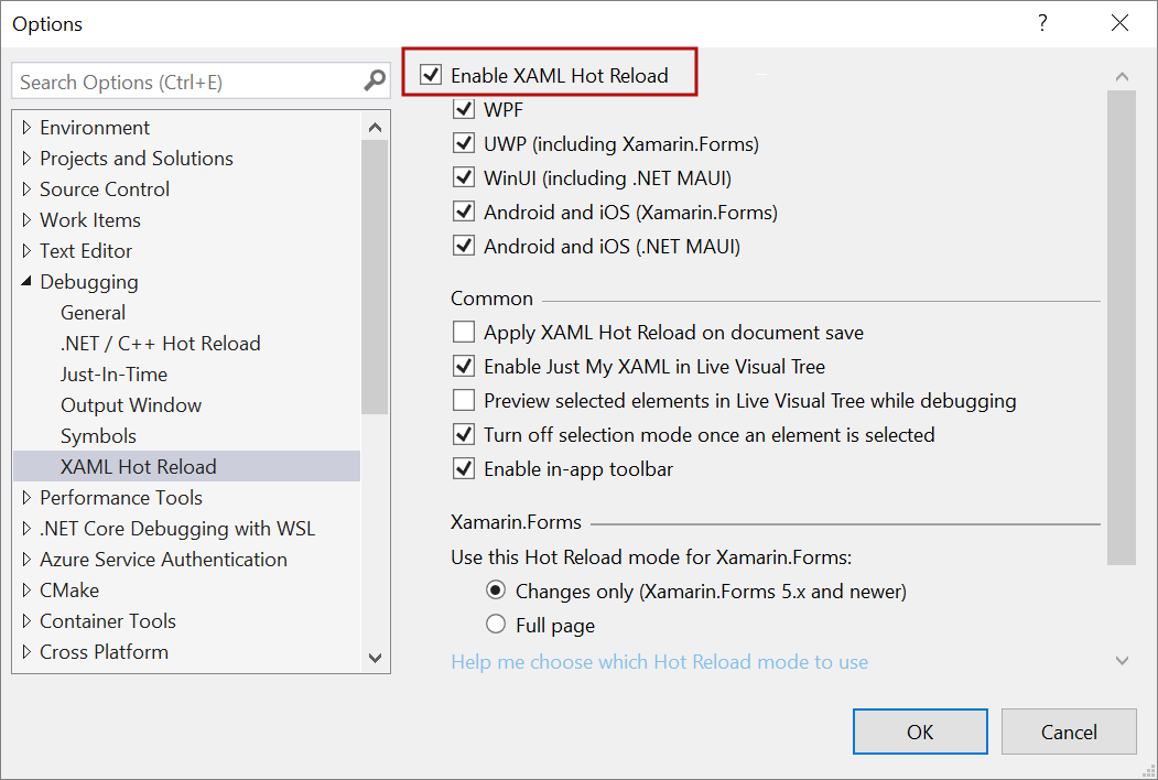 Capture d’écran de la fenêtre Options de débogage de Visual Studio, avec l’option Activer le Rechargement à chaud XAML mise en évidence.