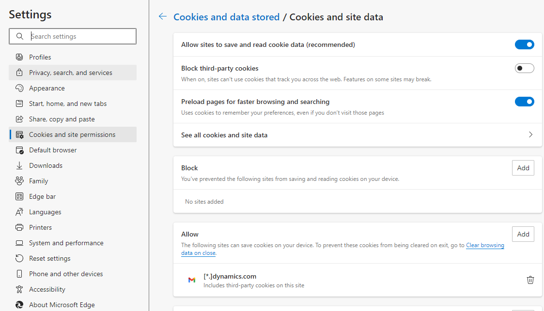 Capture d’écran montrant les paramètres des cookies et des permisisions de site dans Microsoft Edge.