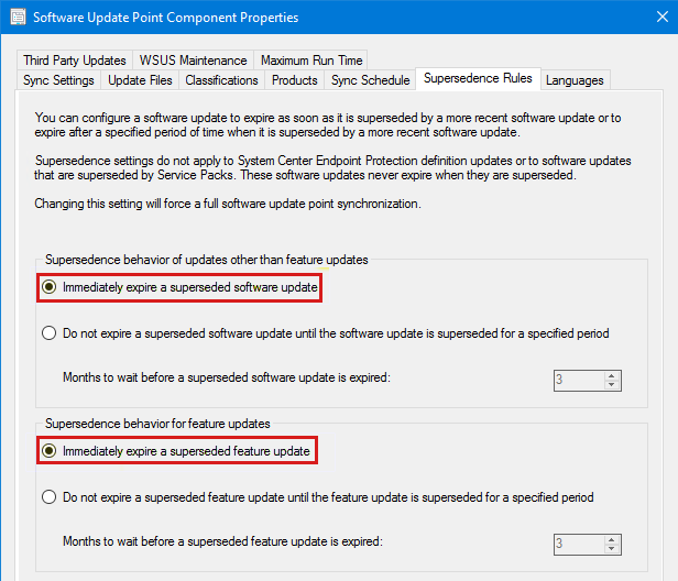 Screenshot of the Immediately expire superseded updates options under Supersedence Rules tab.