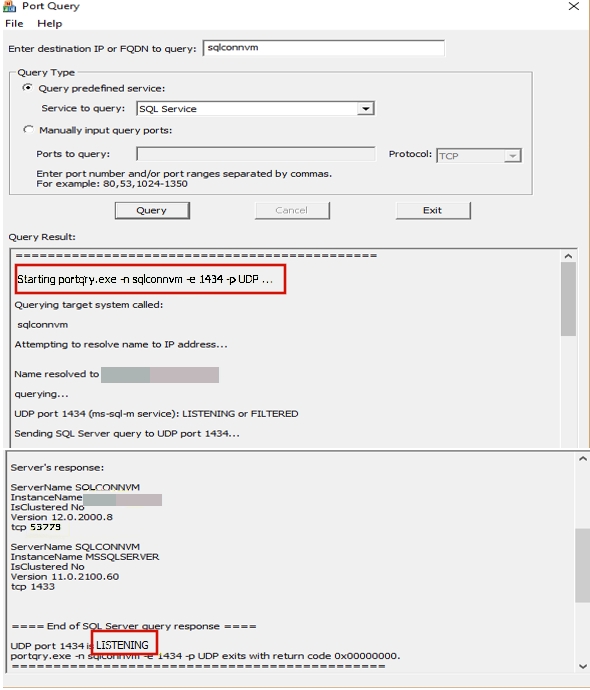 Capture d’écran d’une connexion réussie pour un instance nommé.