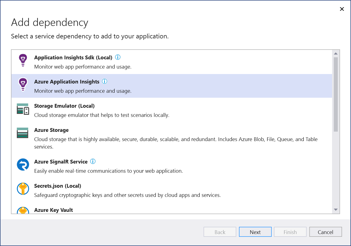 Capture d’écran montrant l’écran « Ajouter Azure Application Insights ».