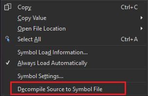 Capture d’écran du menu contextuel de l’assembly dans la fenêtre Modules avec la commande de décompilation de la source.