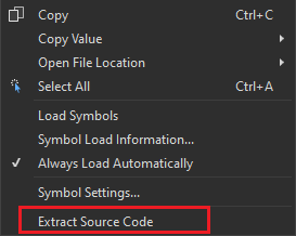Capture d’écran du menu contextuel de l’assembly dans la fenêtre Modules avec la commande d’extraction des sources.