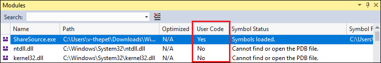 Capture d’écran du code utilisateur dans la fenêtre Modules.