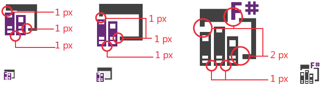 Espacement des éléments pour les icônes dimensionnées 16x16, 24 x 24 et 32 x 32