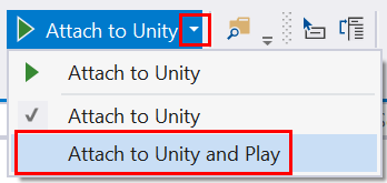 Screenshot of the Attach and play button in Visual Studio.