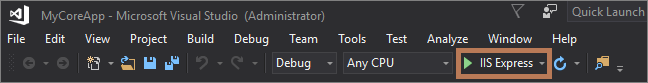 Screenshot shows the I I S Express button highlighted in the toolbar in Visual Studio.