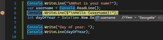 Capture d’écran montrant une valeur de variable pendant le débogage dans Visual Studio.