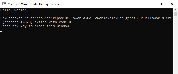Capture d’écran de la fenêtre Console de débogage montrant la sortie Hello, World! et Appuyez sur n’importe quelle touche pour fermer cette fenêtre.