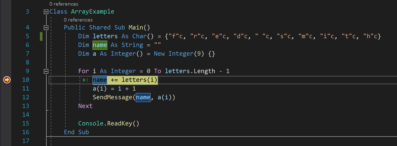 Screenshot showing the Visual Studio code editor window with execution stopped at a breakpoint.