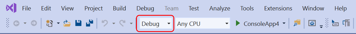 Capture d’écran montrant la configuration active dans la barre d’outils principale de Visual Studio.