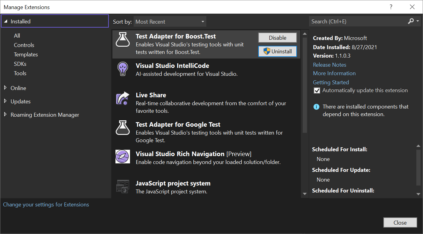 Capture d’écran du gestionnaire d’extensions dans Visual Studio.